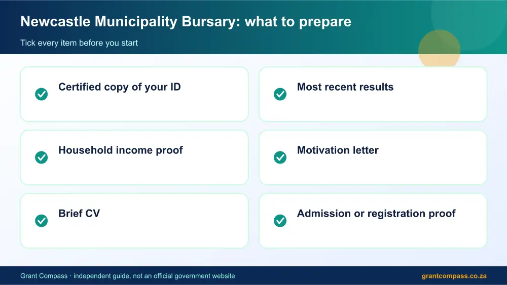 Newcastle Municipality Bursary documents checklist infographic – newcastle municipality bursary South Africa 2026