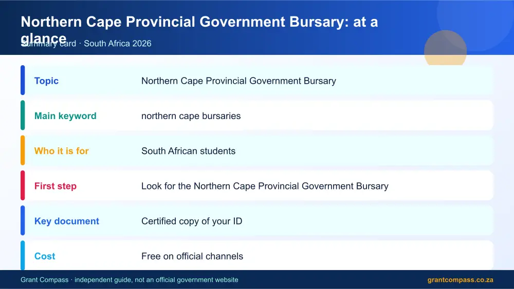 Northern Cape Provincial Government Bursary at a glance summary infographic – northern cape bursaries South Africa 2026