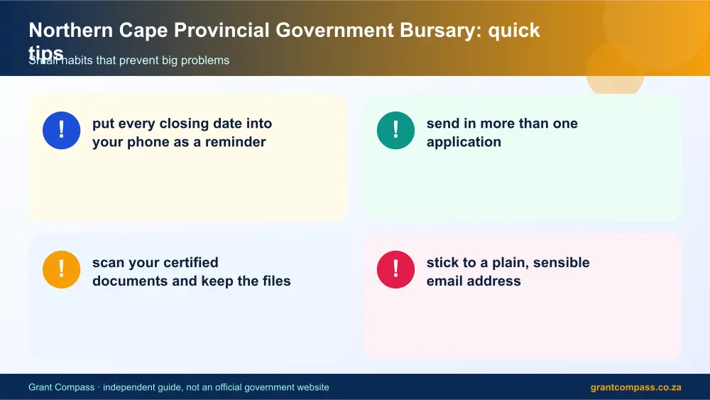 Northern Cape Provincial Government Bursary quick tips cards infographic – northern cape bursaries South Africa 2026