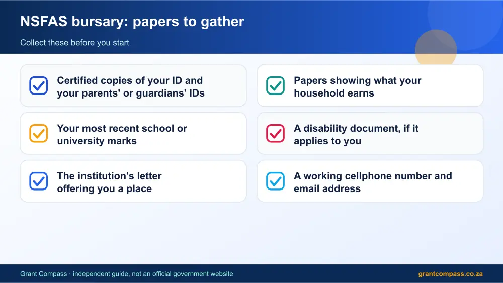NSFAS bursary required papers tick list infographic – nsfas bursary South Africa 2026