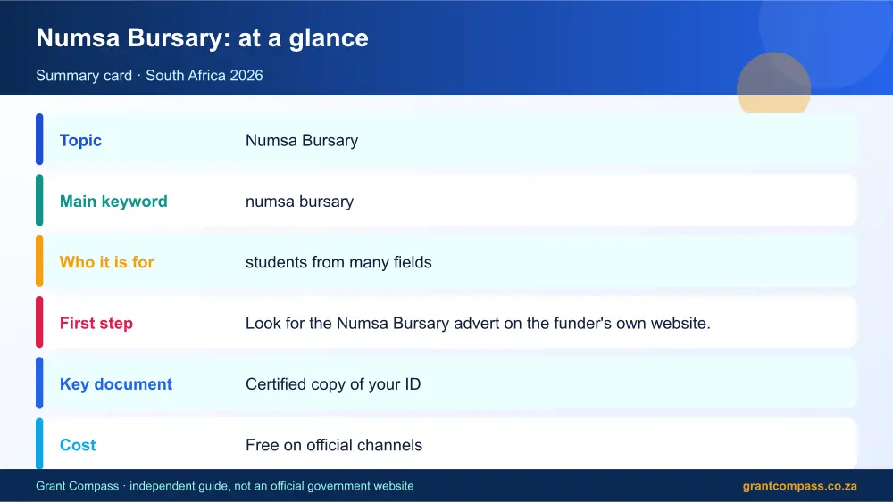 Numsa Bursary at a glance summary infographic – numsa bursary South Africa 2026
