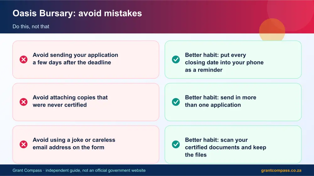 Oasis Bursary mistakes to avoid and tips infographic – oasis bursary South Africa 2026