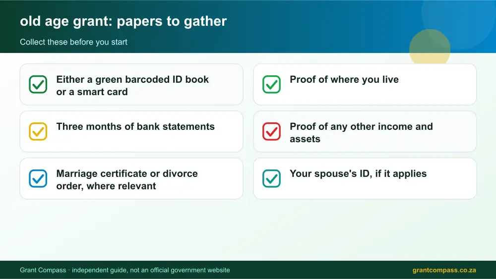 old age grant required papers tick list infographic – sassa old age grant South Africa 2026