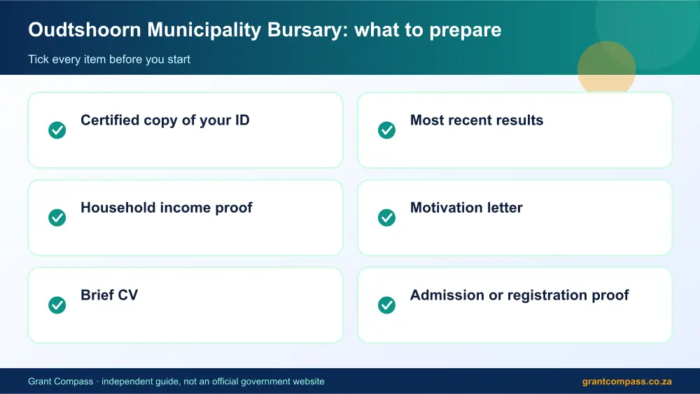 Oudtshoorn Municipality Bursary documents checklist infographic – oudtshoorn municipality bursary South Africa 2026