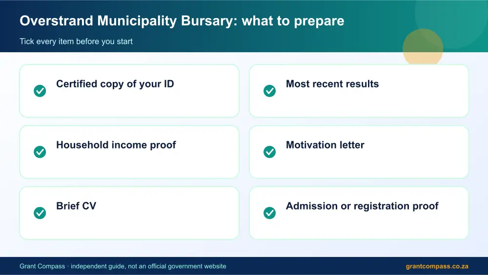Overstrand Municipality Bursary documents checklist infographic – overstrand municipality bursary South Africa 2026
