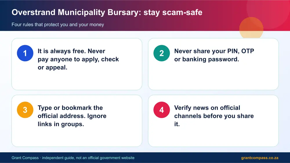 Overstrand Municipality Bursary stay safe from scams infographic – overstrand municipality bursary South Africa 2026