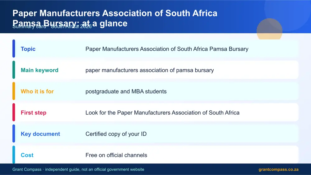 Paper Manufacturers Association of South Africa Pamsa Bursary at a glance summary infographic – paper manufacturers association of pamsa bursary South Africa 2026