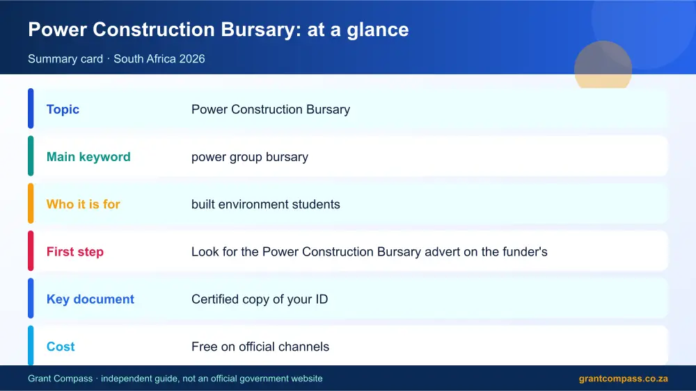 Power Construction Bursary at a glance summary infographic – power group bursary South Africa 2026