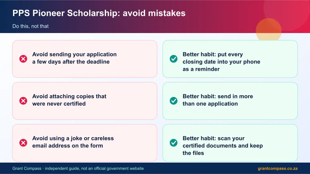 PPS Pioneer Scholarship mistakes to avoid and tips infographic – pps pioneer scholarship bursary South Africa 2026
