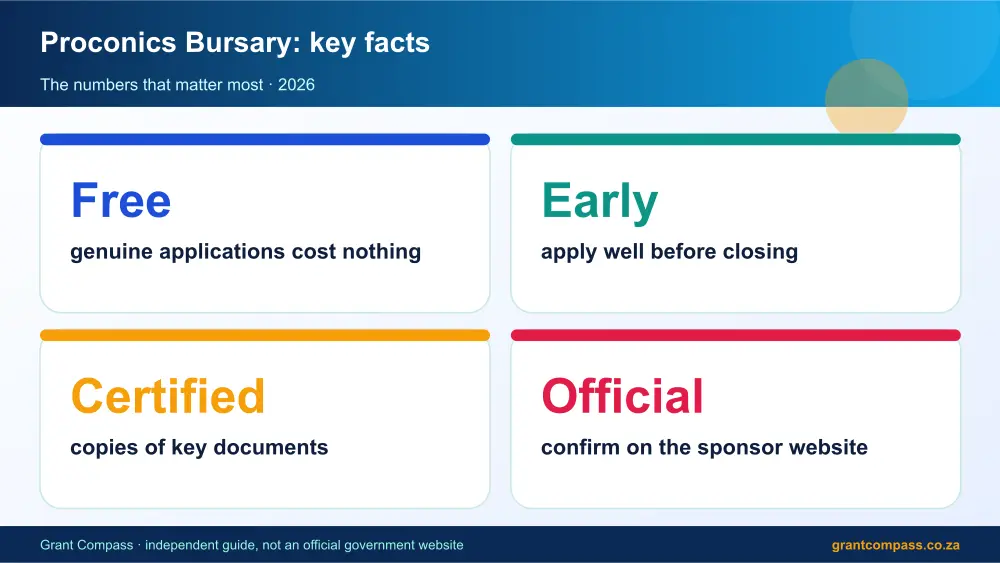 Proconics Bursary key facts at a glance infographic – proconics bursary South Africa 2026