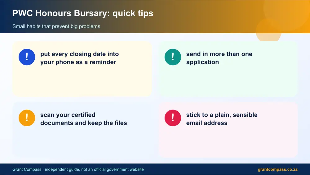 PWC Honours Bursary quick tips cards infographic – pwc honours bursary South Africa 2026