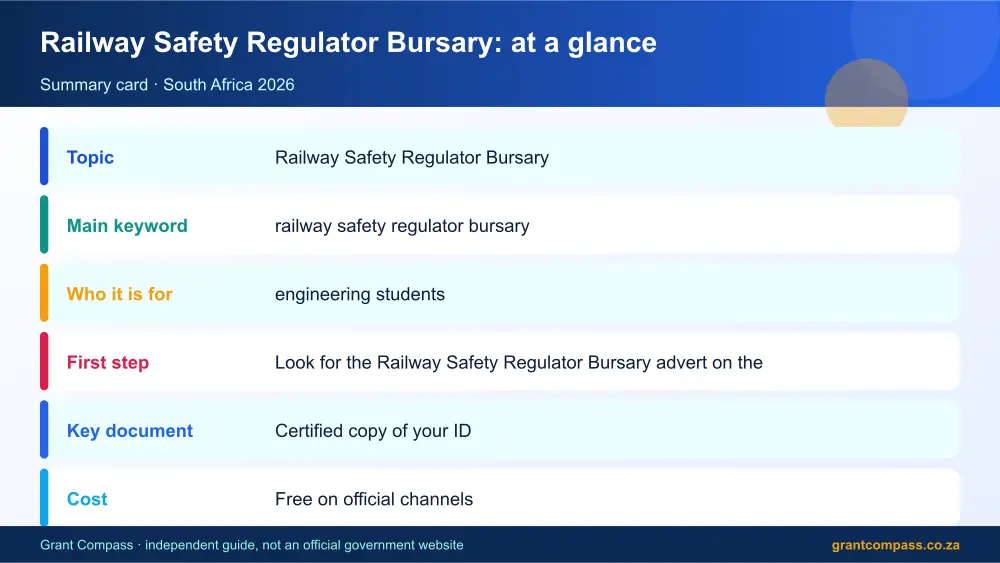 Railway Safety Regulator Bursary at a glance summary infographic – railway safety regulator bursary South Africa 2026
