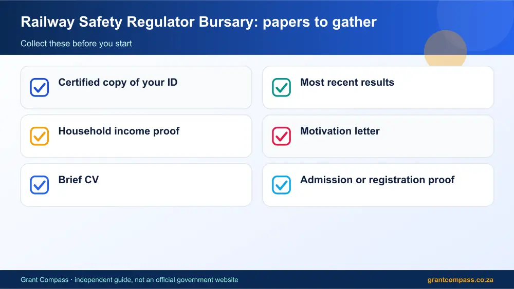 Railway Safety Regulator Bursary required papers tick list infographic – railway safety regulator bursary South Africa 2026