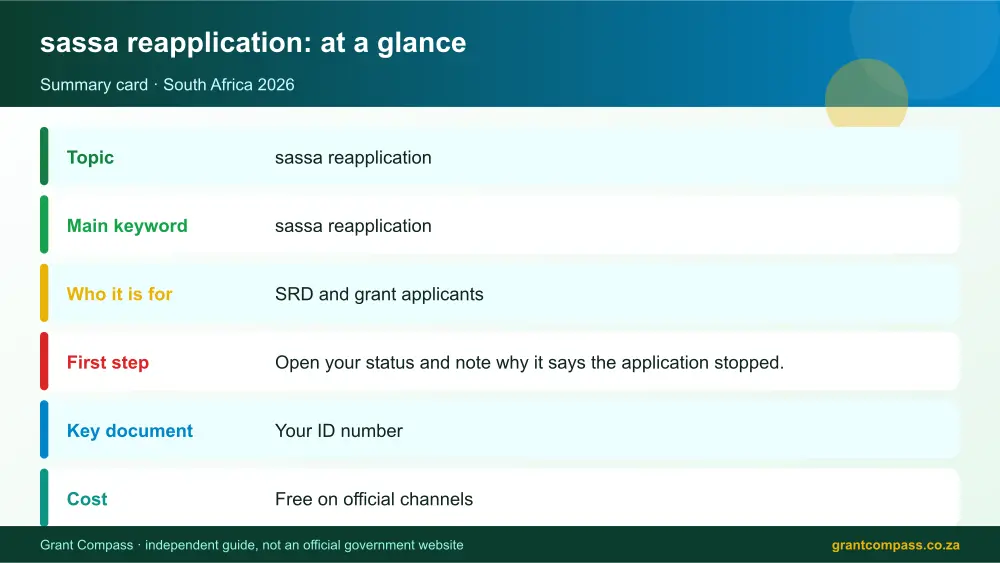 sassa reapplication at a glance summary infographic – sassa reapplication South Africa 2026