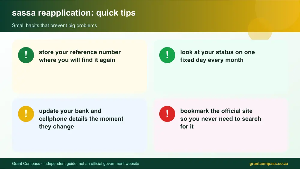 sassa reapplication quick tips cards infographic – sassa reapplication South Africa 2026