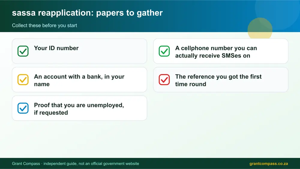 sassa reapplication required papers tick list infographic – sassa reapplication South Africa 2026