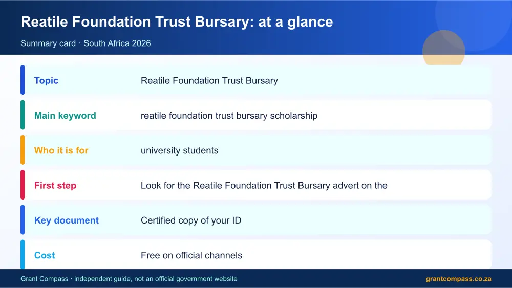 Reatile Foundation Trust Bursary at a glance summary infographic – reatile foundation trust bursary scholarship South Africa 2026