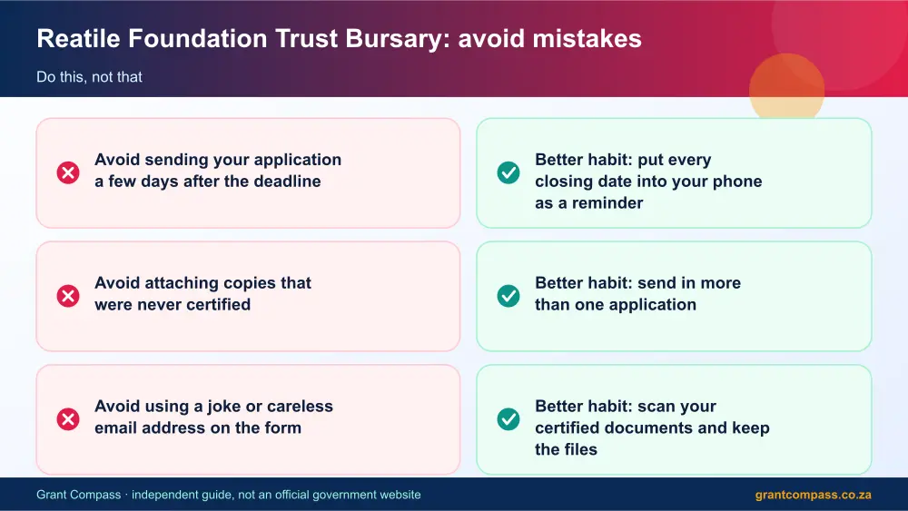 Reatile Foundation Trust Bursary mistakes to avoid and tips infographic – reatile foundation trust bursary scholarship South Africa 2026