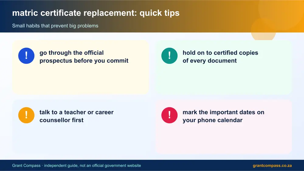 matric certificate replacement quick tips cards infographic – matric certificate replacement South Africa 2026