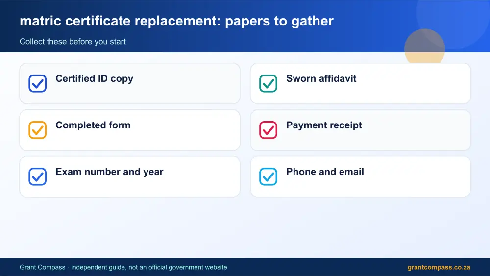 matric certificate replacement required papers tick list infographic – matric certificate replacement South Africa 2026