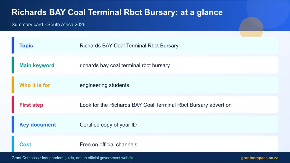 Richards BAY Coal Terminal Rbct Bursary at a glance summary infographic – richards bay coal terminal rbct bursary South Africa 2026