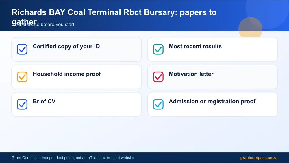 Richards BAY Coal Terminal Rbct Bursary required papers tick list infographic – richards bay coal terminal rbct bursary South Africa 2026