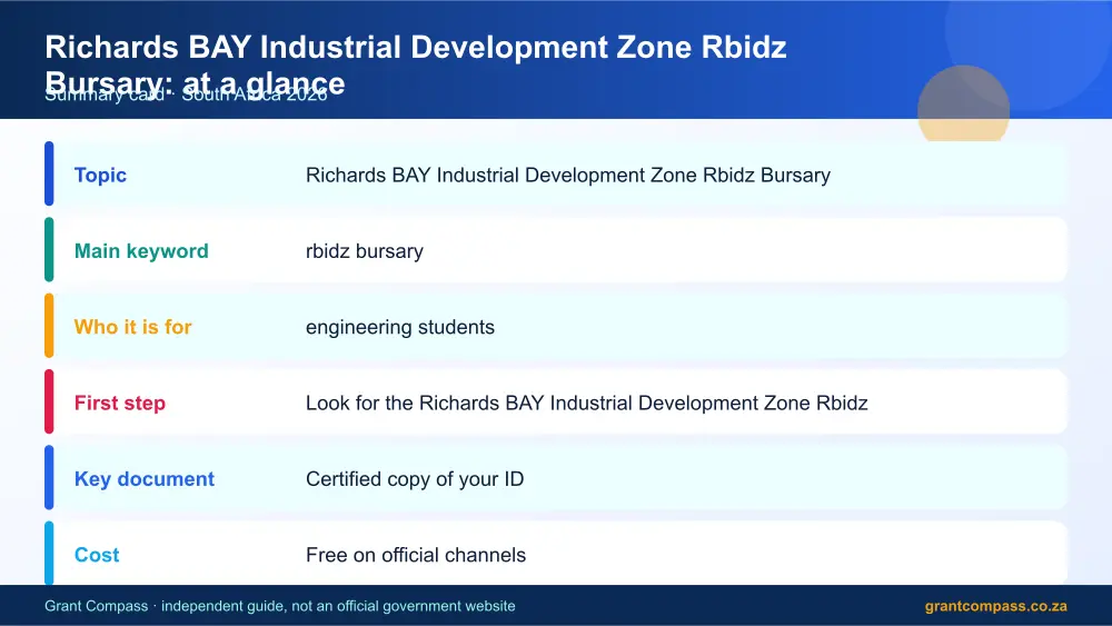 Richards BAY Industrial Development Zone Rbidz Bursary at a glance summary infographic – rbidz bursary South Africa 2026
