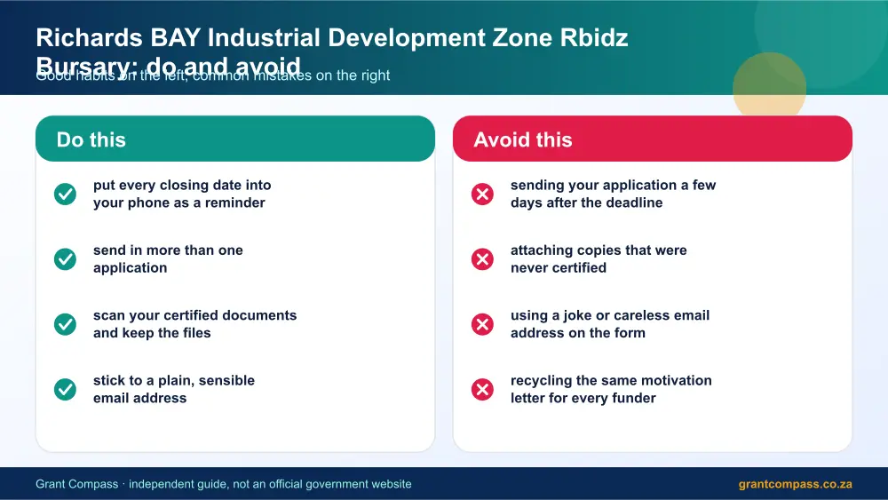 Richards BAY Industrial Development Zone Rbidz Bursary dos and donts infographic – rbidz bursary South Africa 2026
