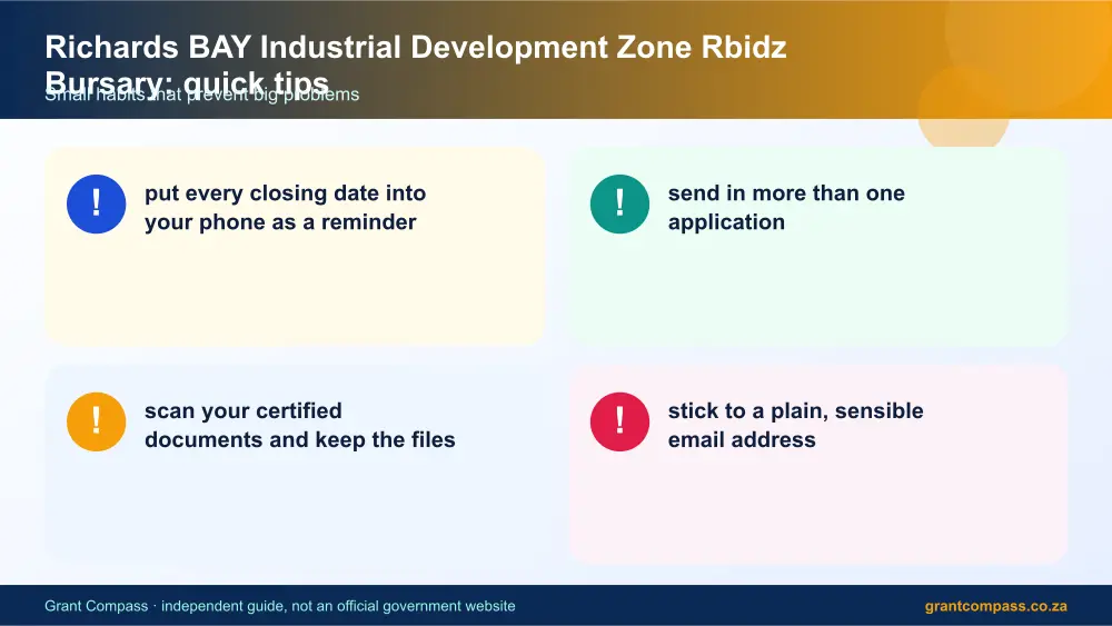 Richards BAY Industrial Development Zone Rbidz Bursary quick tips cards infographic – rbidz bursary South Africa 2026