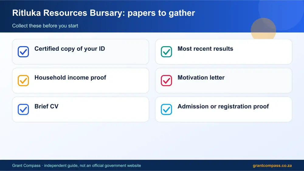 Ritluka Resources Bursary required papers tick list infographic – ritluka resources bursary South Africa 2026