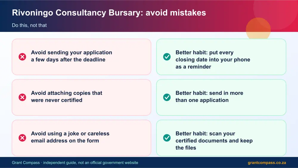 Rivoningo Consultancy Bursary mistakes to avoid and tips infographic – rivoningo consultancy bursary South Africa 2026