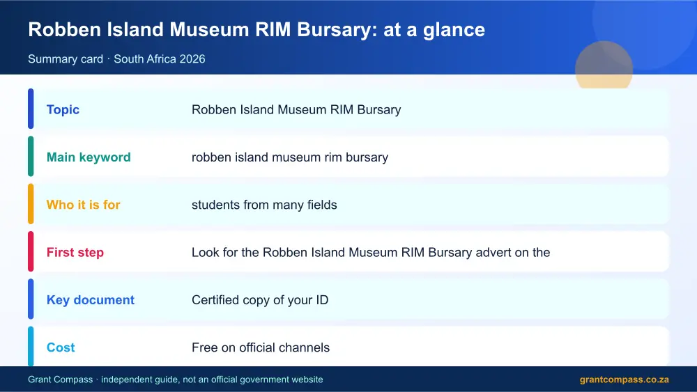 Robben Island Museum RIM Bursary at a glance summary infographic – robben island museum rim bursary South Africa 2026