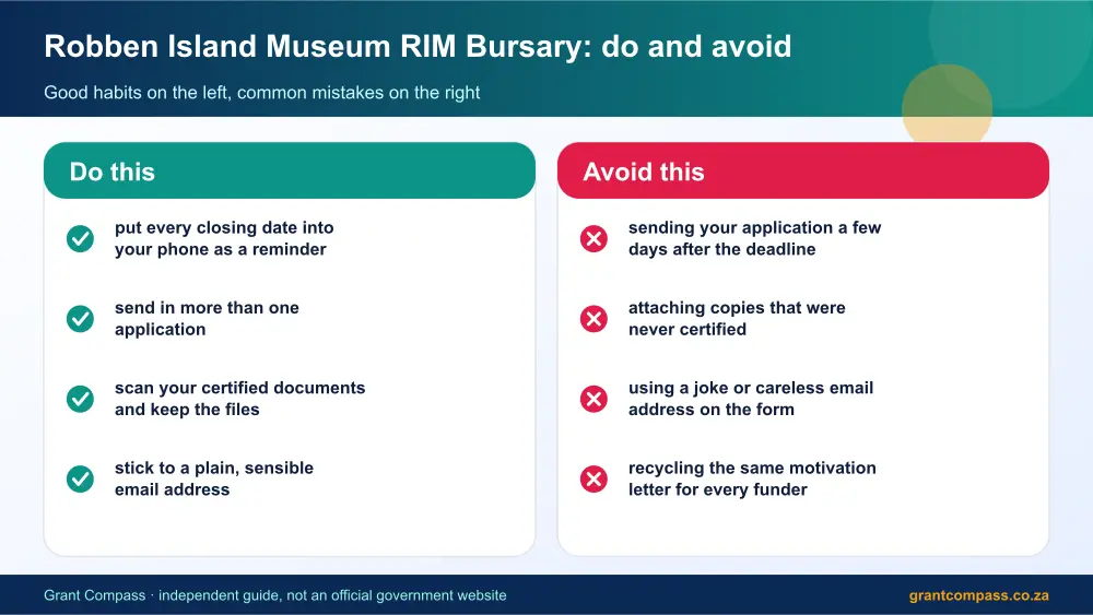 Robben Island Museum RIM Bursary dos and donts infographic – robben island museum rim bursary South Africa 2026