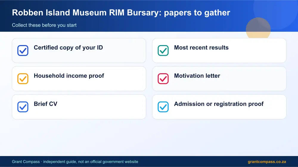 Robben Island Museum RIM Bursary required papers tick list infographic – robben island museum rim bursary South Africa 2026