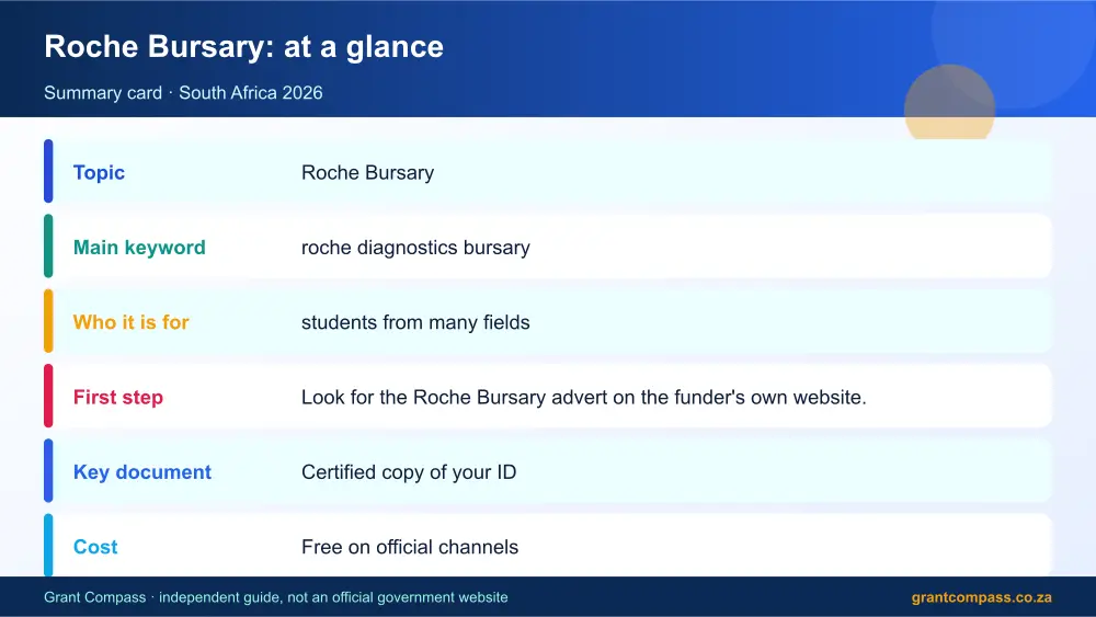 Roche Bursary at a glance summary infographic – roche diagnostics bursary South Africa 2026