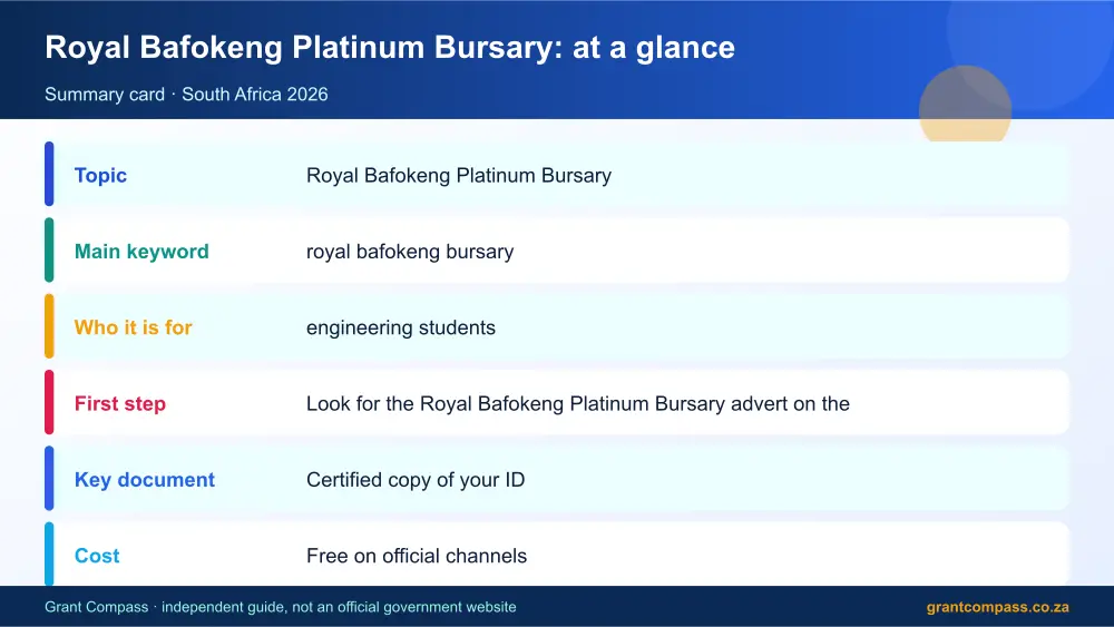 Royal Bafokeng Platinum Bursary at a glance summary infographic – royal bafokeng bursary South Africa 2026
