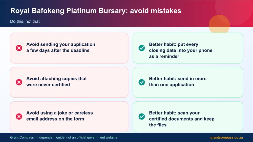 Royal Bafokeng Platinum Bursary mistakes to avoid and tips infographic – royal bafokeng bursary South Africa 2026