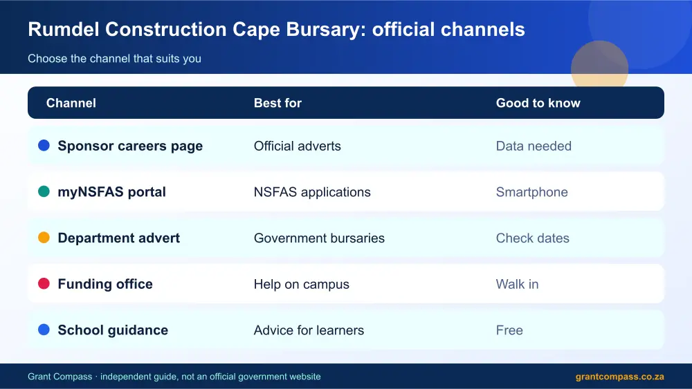 Rumdel Construction Cape Bursary official channels comparison infographic – rumdel construction cape bursary South Africa 2026