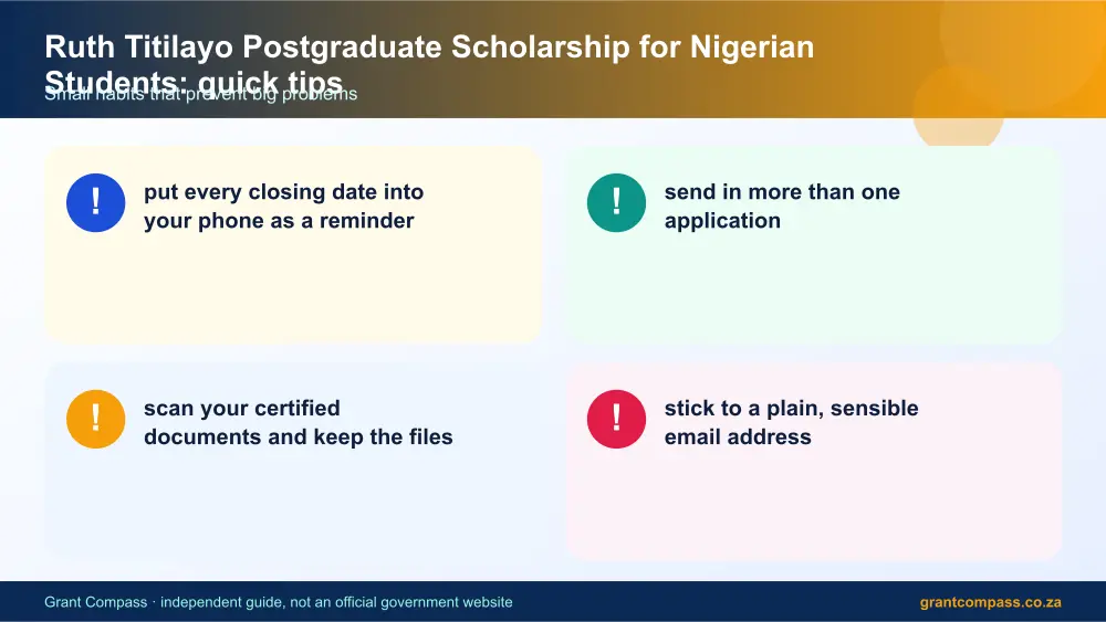 Ruth Titilayo Postgraduate Scholarship for Nigerian Students quick tips cards infographic – ruth titilayo postgraduate scholarship for nigerian students South Africa 2026