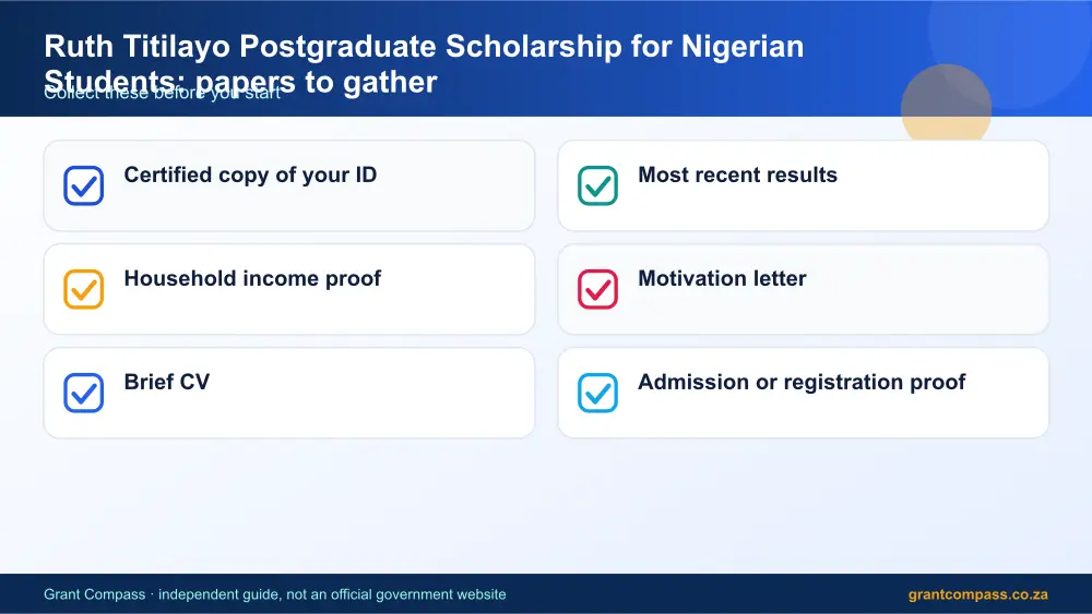 Ruth Titilayo Postgraduate Scholarship for Nigerian Students required papers tick list infographic – ruth titilayo postgraduate scholarship for nigerian students South Africa 2026