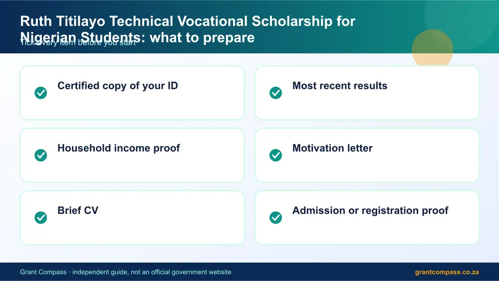 Ruth Titilayo Technical Vocational Scholarship for Nigerian Students documents checklist infographic – ruth titilayo technical vocational scholarship for nigerian students South Africa 2026
