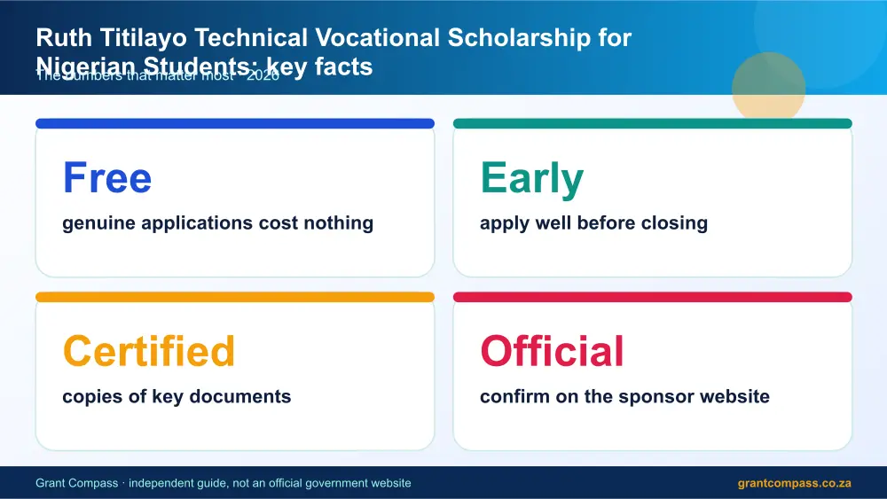 Ruth Titilayo Technical Vocational Scholarship for Nigerian Students key facts at a glance infographic – ruth titilayo technical vocational scholarship for nigerian students South Africa 2026