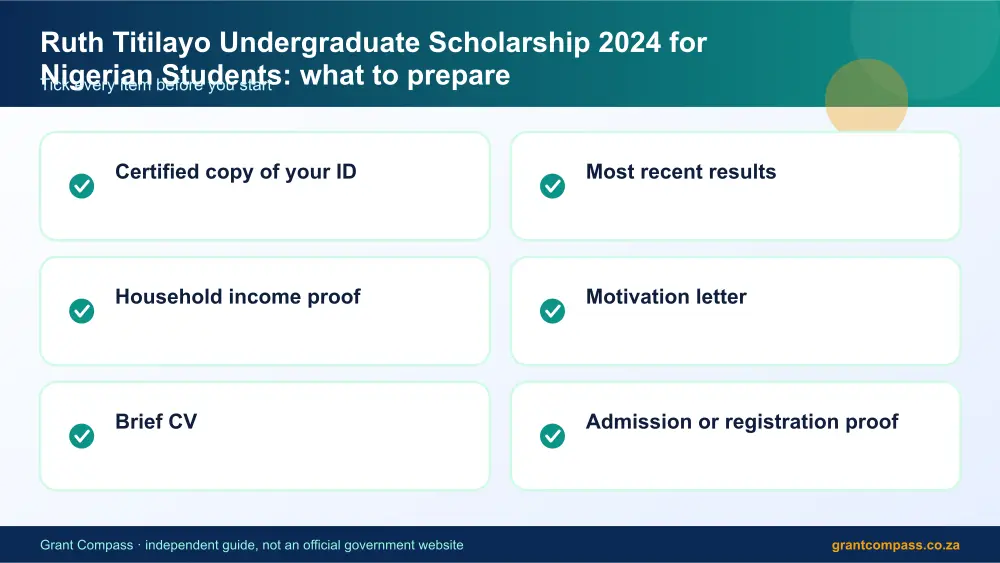 Ruth Titilayo Undergraduate Scholarship 2024 for Nigerian Students documents checklist infographic – ruth titilayo undergraduate scholarship 2024 for nigerian students South Africa 2026