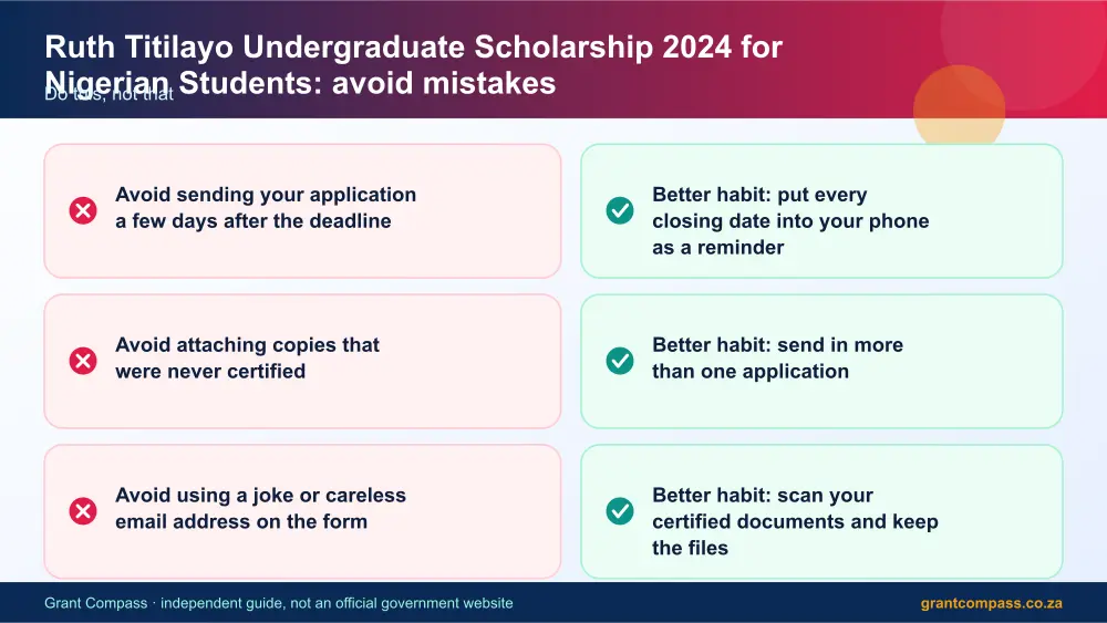 Ruth Titilayo Undergraduate Scholarship 2024 for Nigerian Students mistakes to avoid and tips infographic – ruth titilayo undergraduate scholarship 2024 for nigerian students South Africa 2026