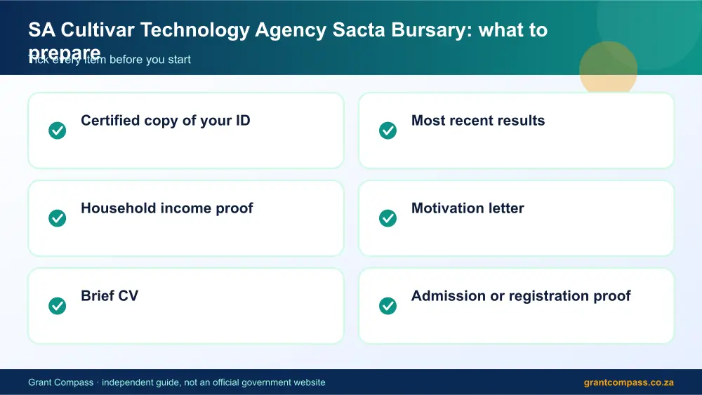 SA Cultivar Technology Agency Sacta Bursary documents checklist infographic – sa cultivar technology agency sacta bursary South Africa 2026