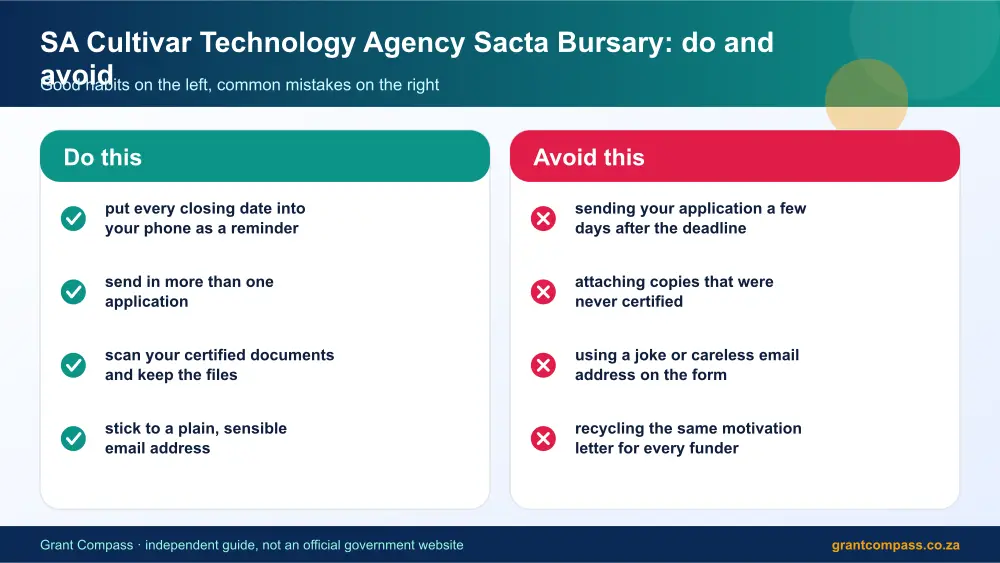 SA Cultivar Technology Agency Sacta Bursary dos and donts infographic – sa cultivar technology agency sacta bursary South Africa 2026