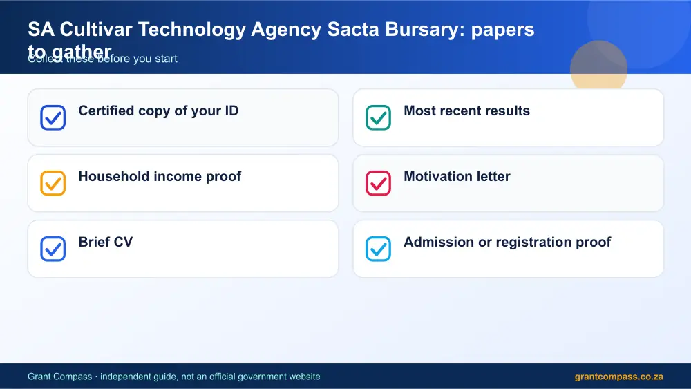 SA Cultivar Technology Agency Sacta Bursary required papers tick list infographic – sa cultivar technology agency sacta bursary South Africa 2026