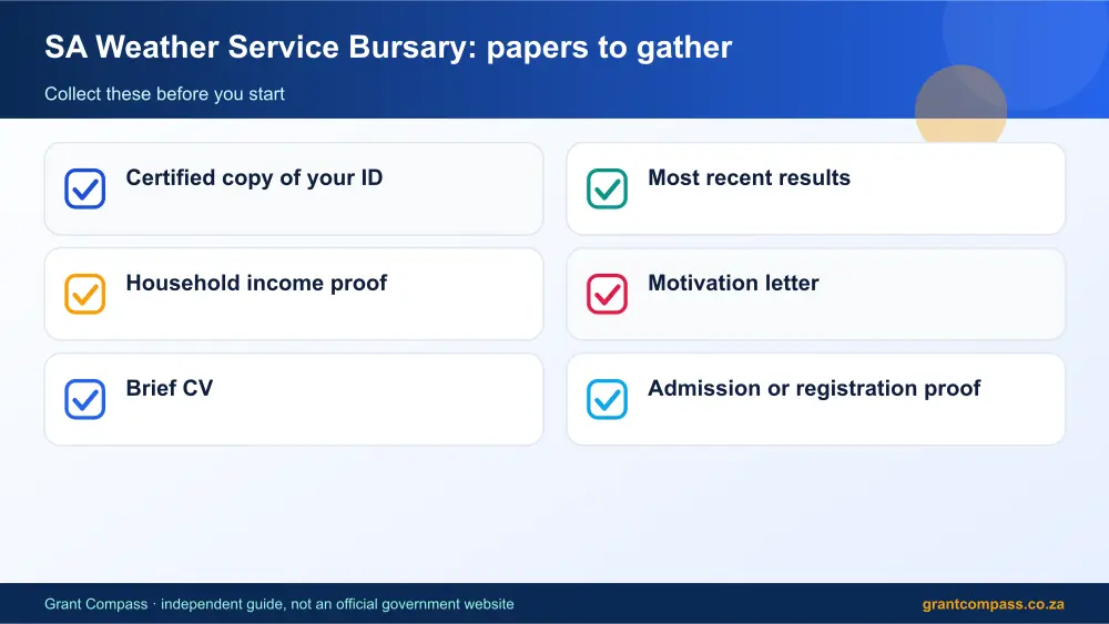 SA Weather Service Bursary required papers tick list infographic – sa weather service bursary South Africa 2026
