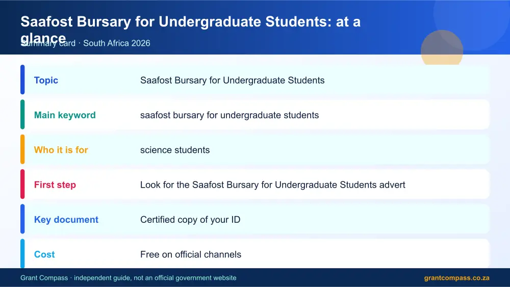 Saafost Bursary for Undergraduate Students at a glance summary infographic – saafost bursary for undergraduate students South Africa 2026