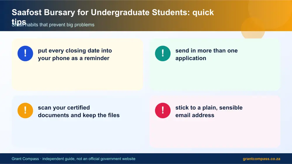 Saafost Bursary for Undergraduate Students quick tips cards infographic – saafost bursary for undergraduate students South Africa 2026